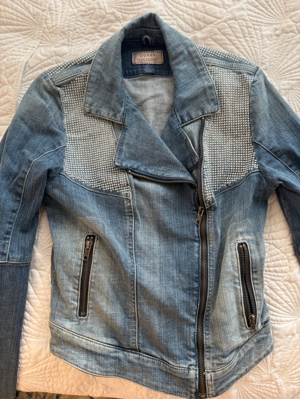 GUESS Light Blue Denim Jacket with Crystal Shoulder Panels